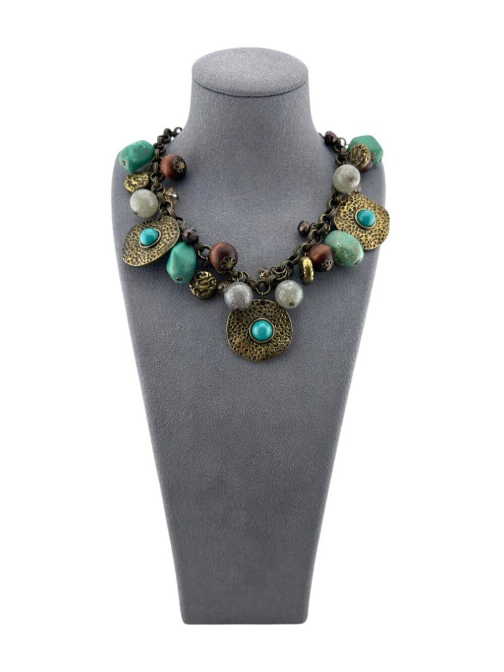 Vintage Faux Turquoise Charm Necklace Bronze Tone Boho Statement Bib 18"